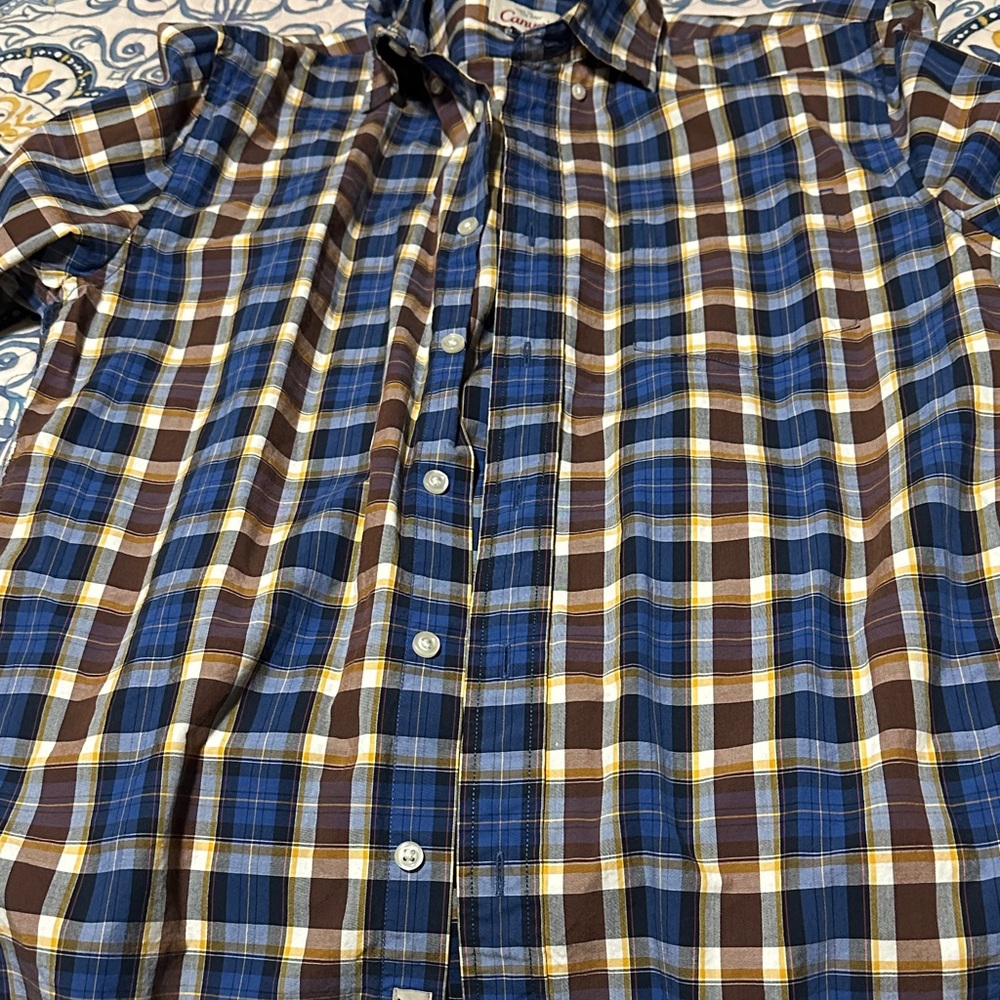 Lands' End Men's Plaid Shirt - Blue, Brown, Yellow
